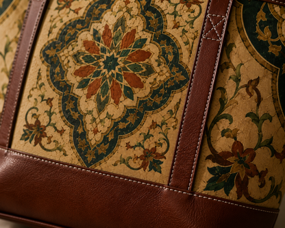 Vintage Moroccan Ornate Tile Handbag Leather Trim