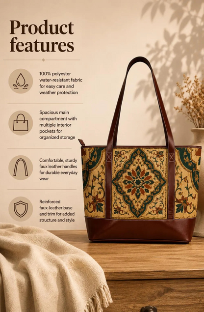 Vintage Moroccan Ornate Tile Handbag Leather Trim