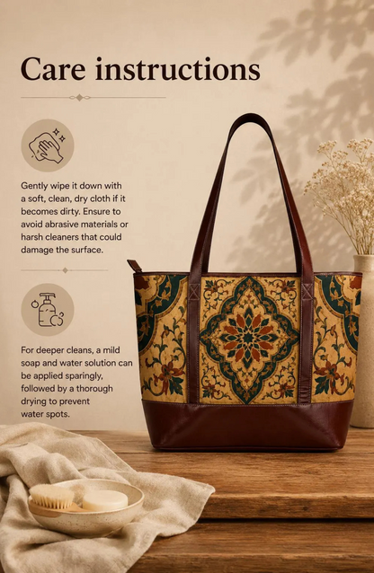Vintage Moroccan Ornate Tile Handbag Leather Trim