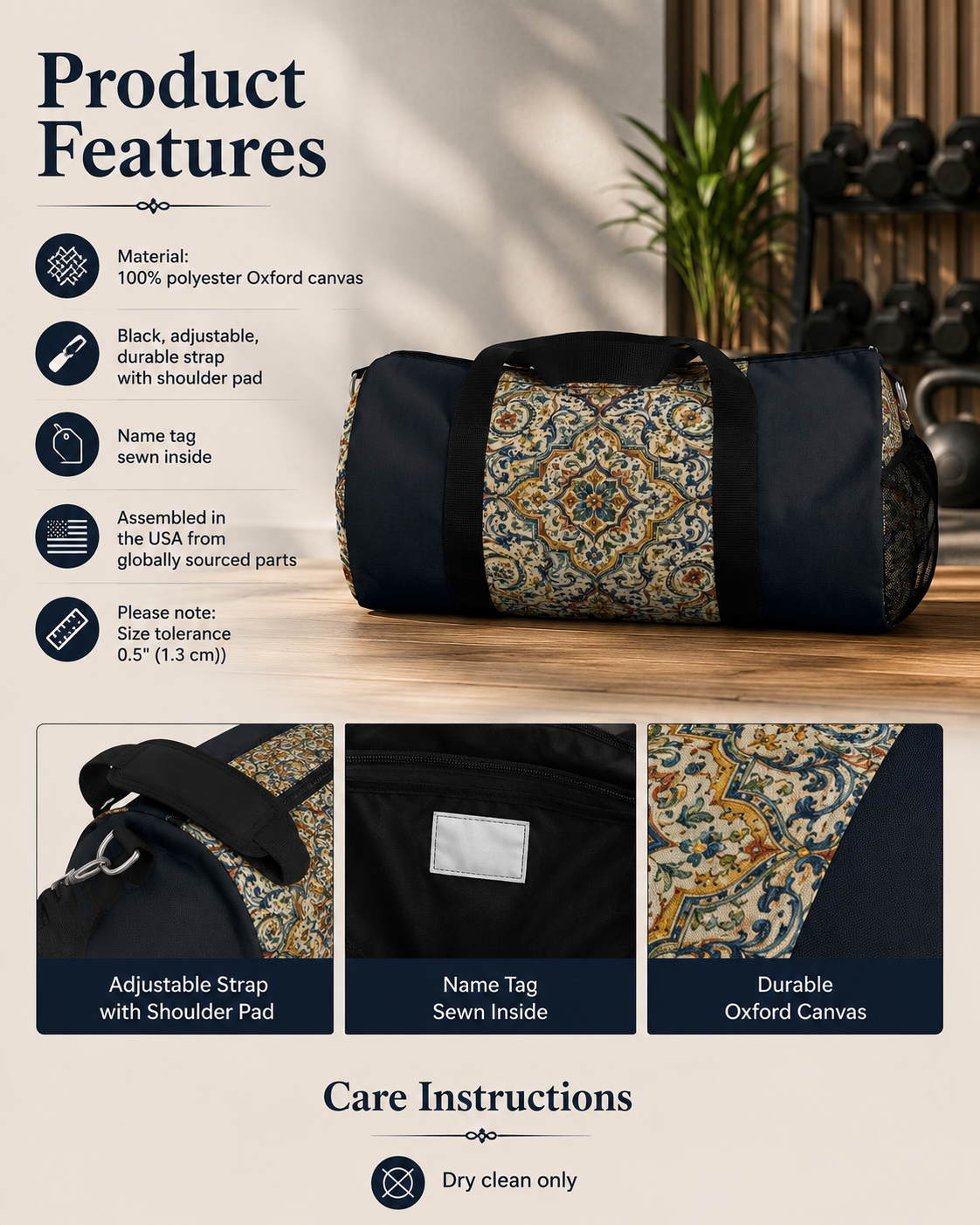 Mediterranean Spanish Navy Blue Gym Duffle Bag