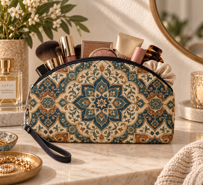 Elaborate Moroccan Round PU Leather Makeup Bag