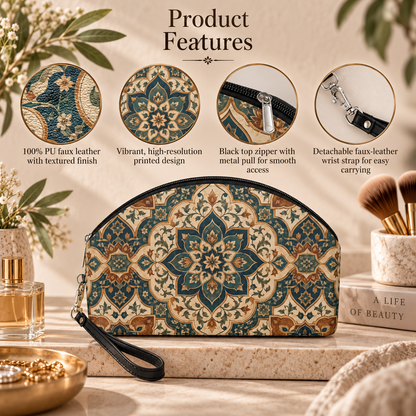 Elaborate Moroccan Round PU Leather Makeup Bag