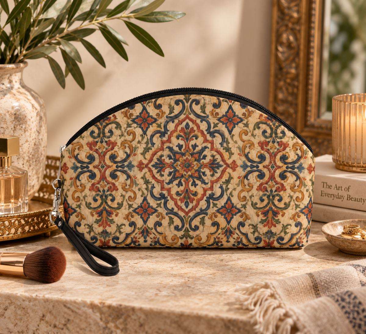 Moroccan Ornate Traditional PU Leather Round Makeup Bag