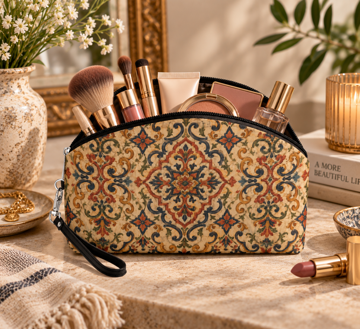 Moroccan Ornate Traditional PU Leather Round Makeup Bag