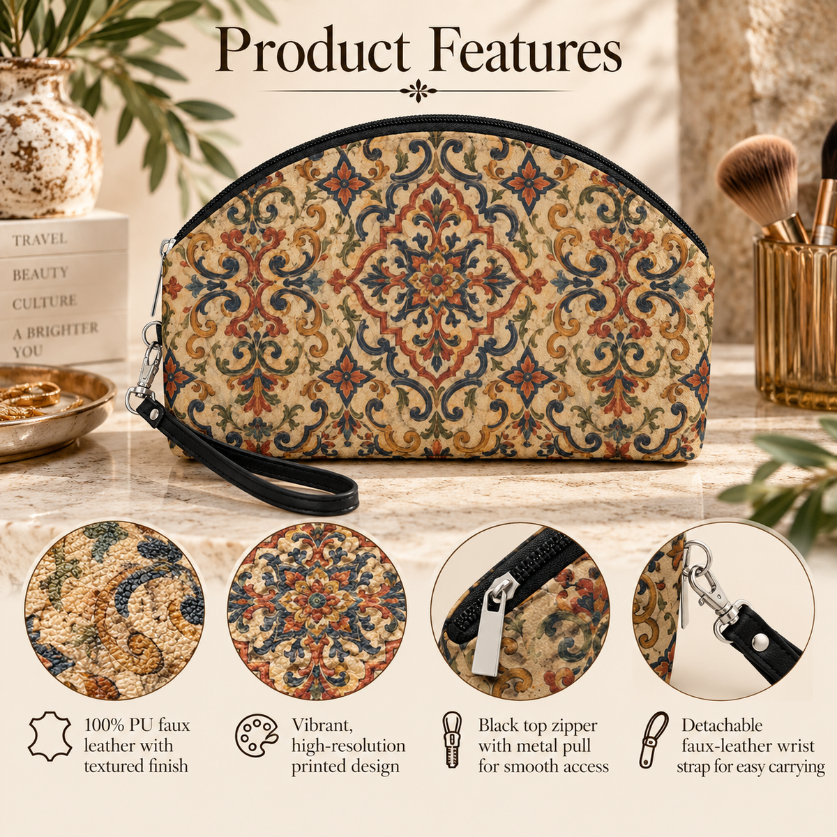 Moroccan Ornate Traditional PU Leather Round Makeup Bag