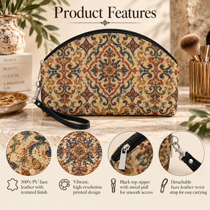 Moroccan Ornate Traditional PU Leather Round Makeup Bag