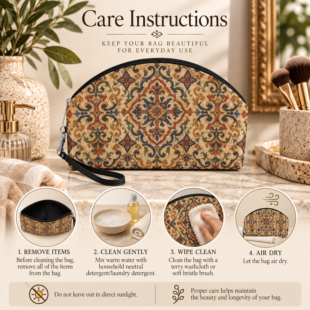 Moroccan Ornate Traditional PU Leather Round Makeup Bag