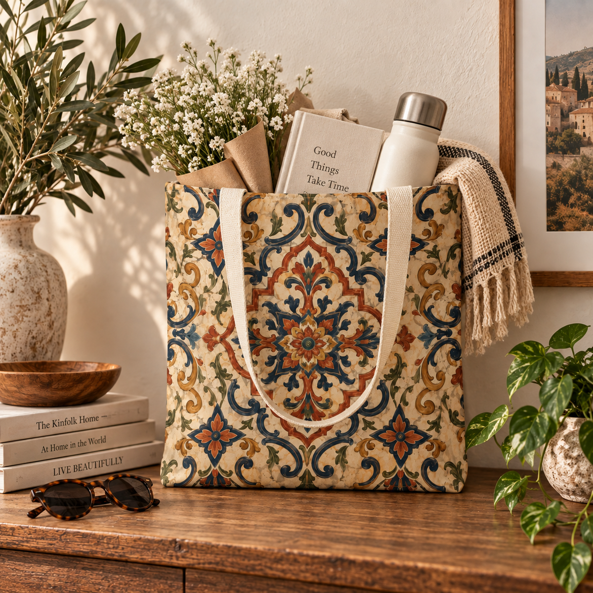 Full Art Moroccan Ornate Traditional Canvas Tote Bag