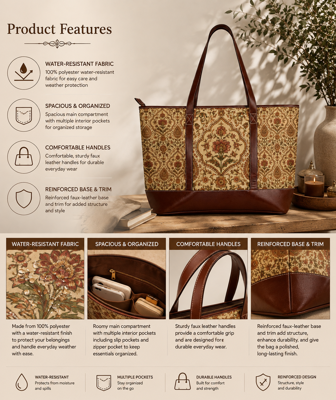 Moroccan Rose Traditional Leather Trim Handbag