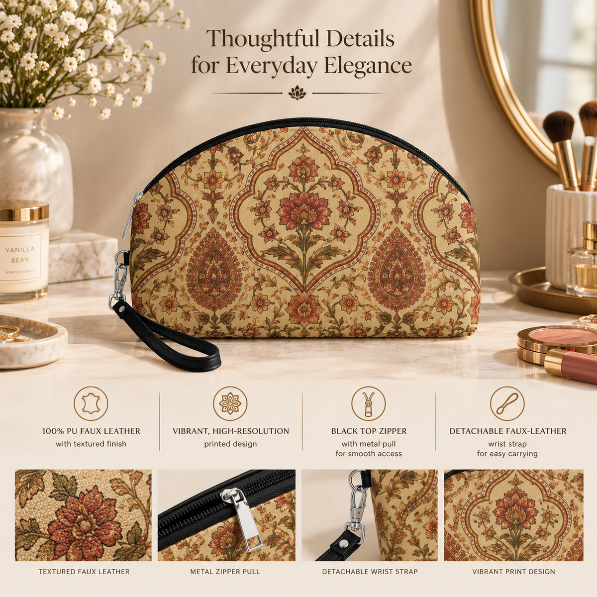 Moroccan Rose Traditional Round PU Leather Makeup Bag