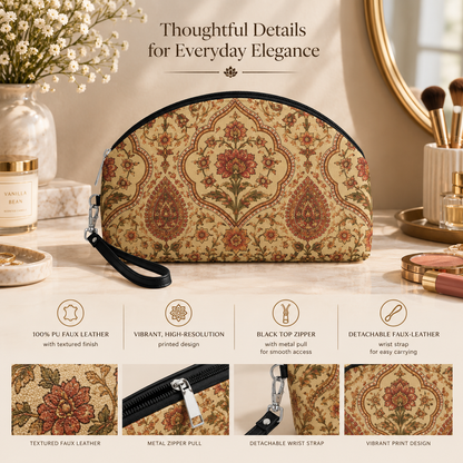 Moroccan Rose Traditional Round PU Leather Makeup Bag