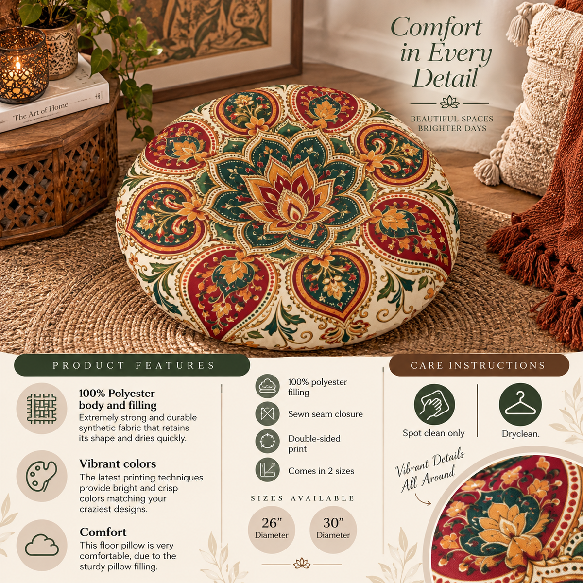 Indian Vintage Floral Mandala Round Tufted Floor Pillow