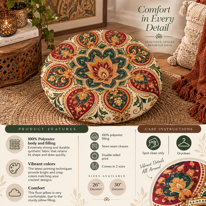 Indian Vintage Floral Mandala Round Tufted Floor Pillow