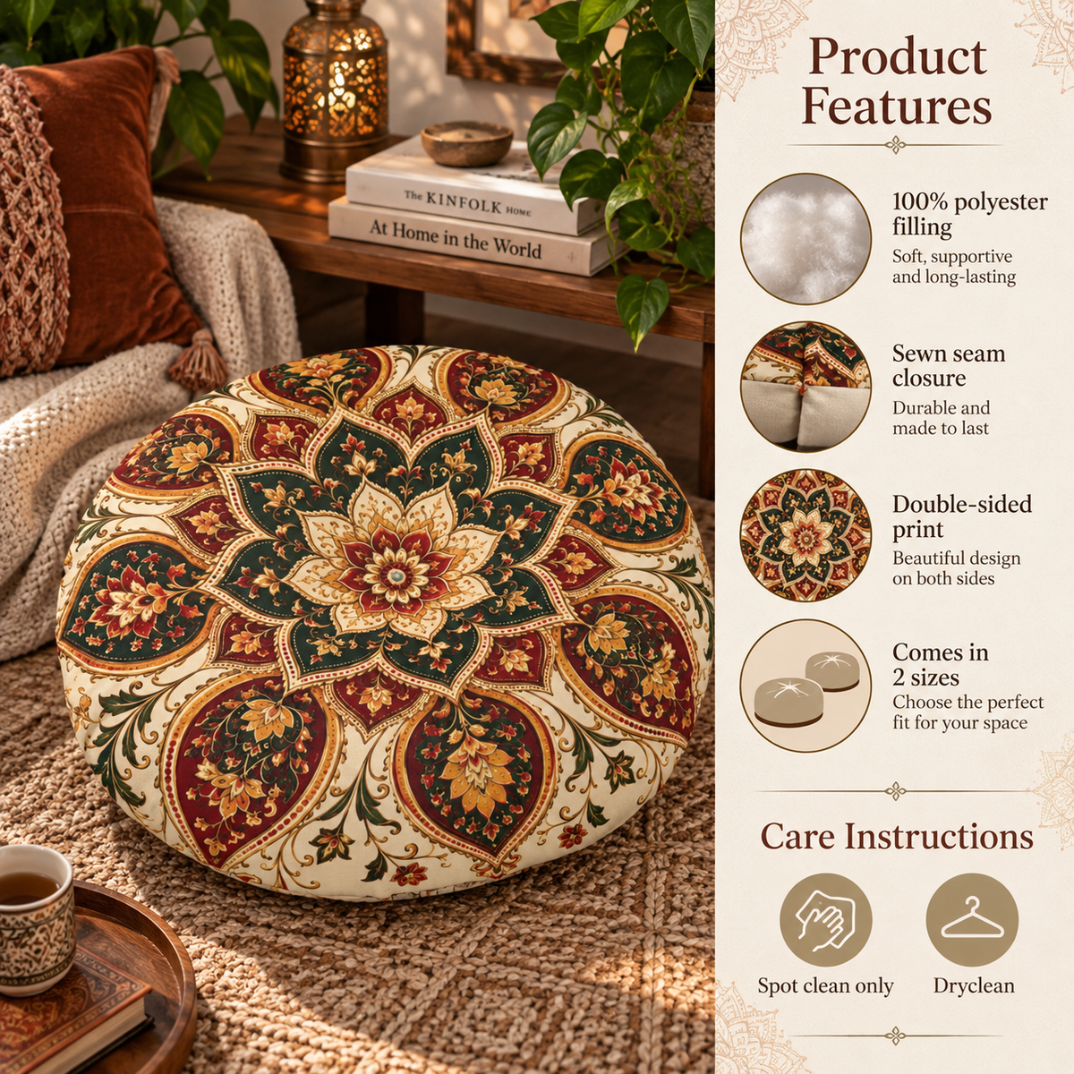 Indian Vintage Floral Mandala Bohemian Round Tufted Floor Pillow