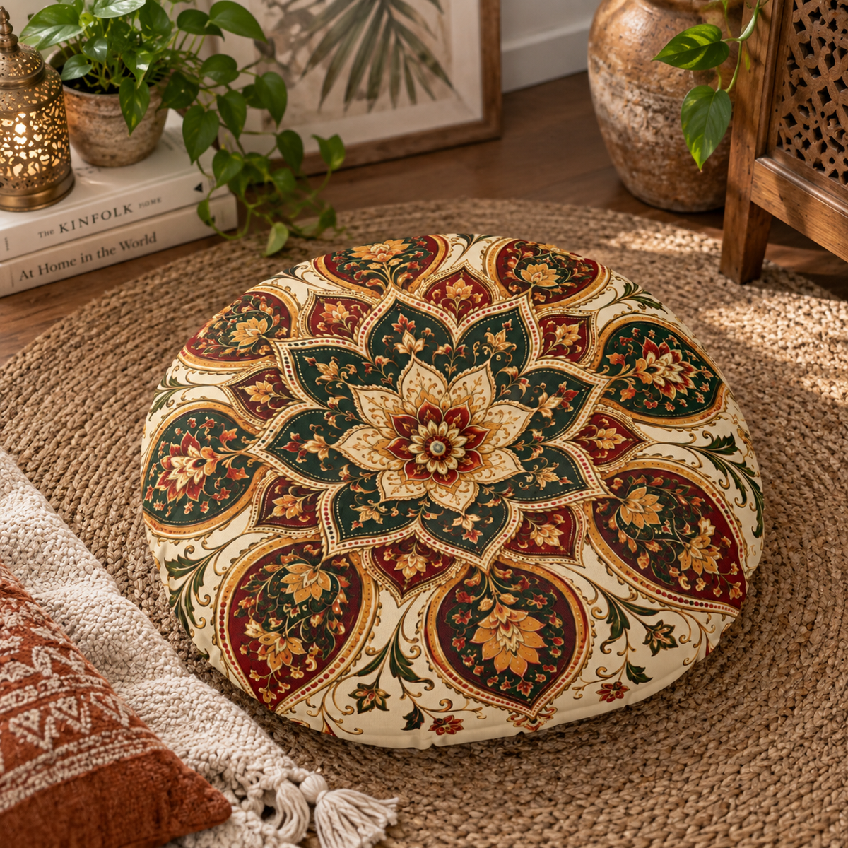 Indian Vintage Floral Mandala Bohemian Round Tufted Floor Pillow