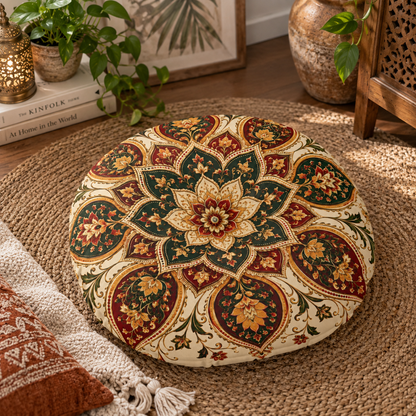 Indian Vintage Floral Mandala Bohemian Round Tufted Floor Pillow