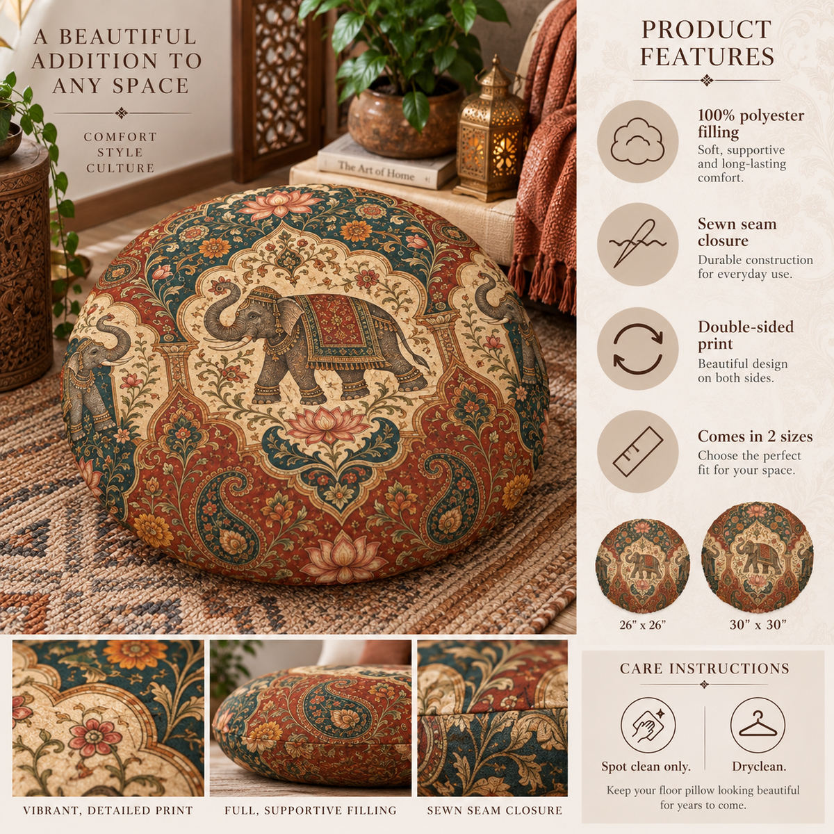 Indian Vintage Elephant Tapestry Round Tufted Floor Pillow