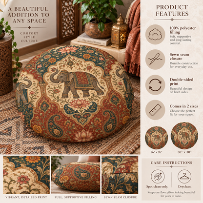 Indian Vintage Elephant Tapestry Round Tufted Floor Pillow