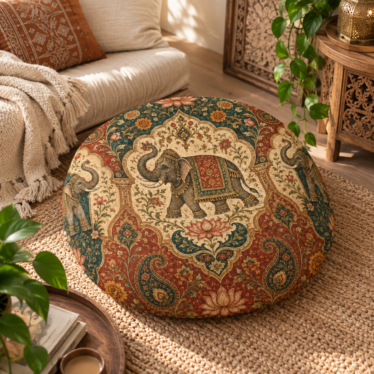 Indian Vintage Elephant Tapestry Round Tufted Floor Pillow
