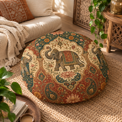Indian Vintage Elephant Tapestry Round Tufted Floor Pillow