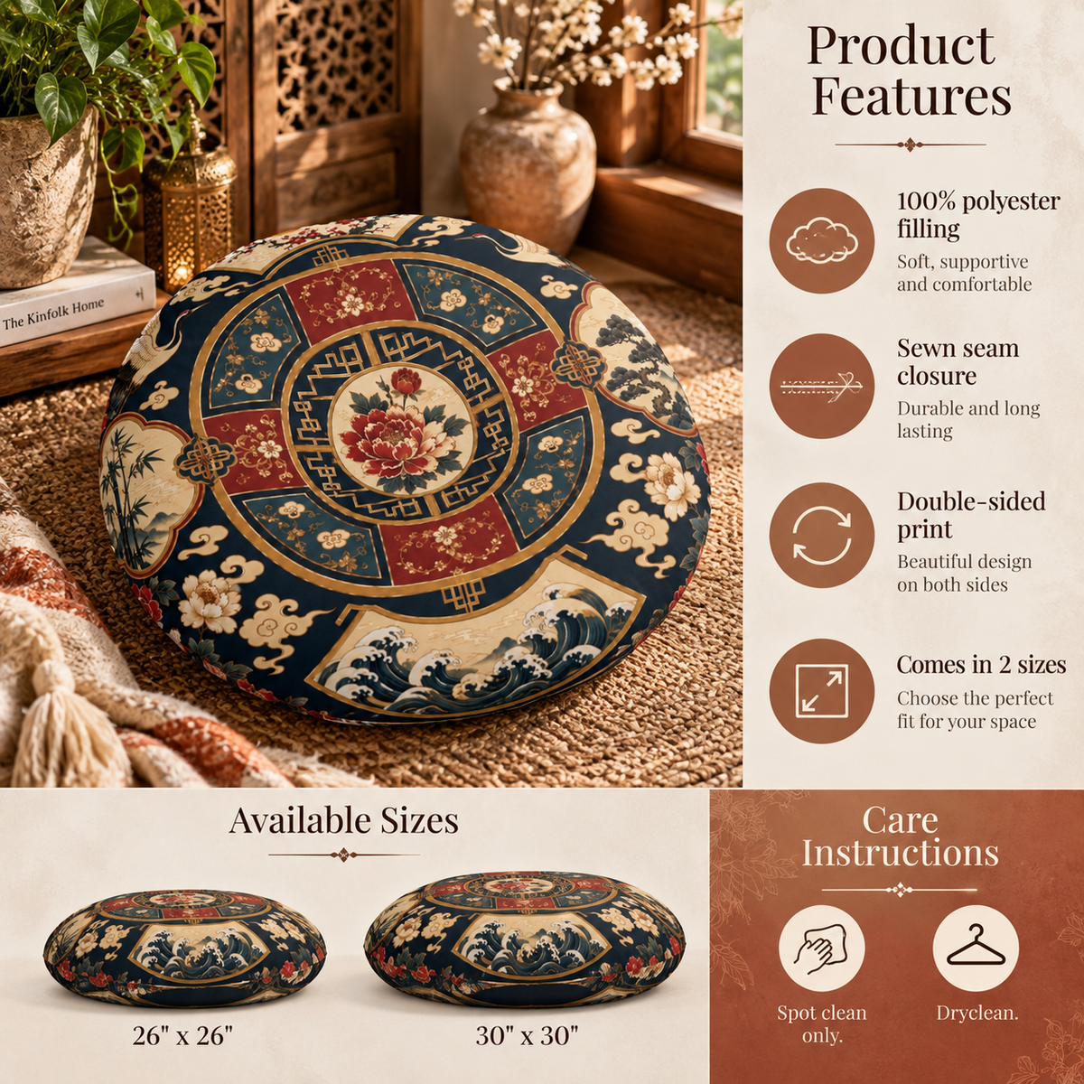 East Asian Oriental Floral Medallion Round Tufted Floor Pillow