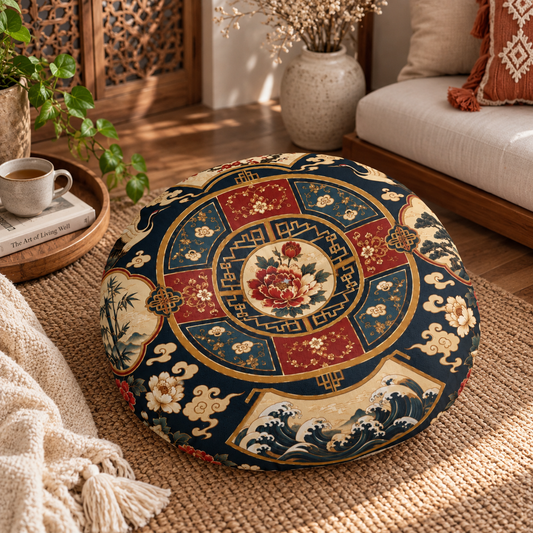 East Asian Oriental Floral Medallion Round Tufted Floor Pillow