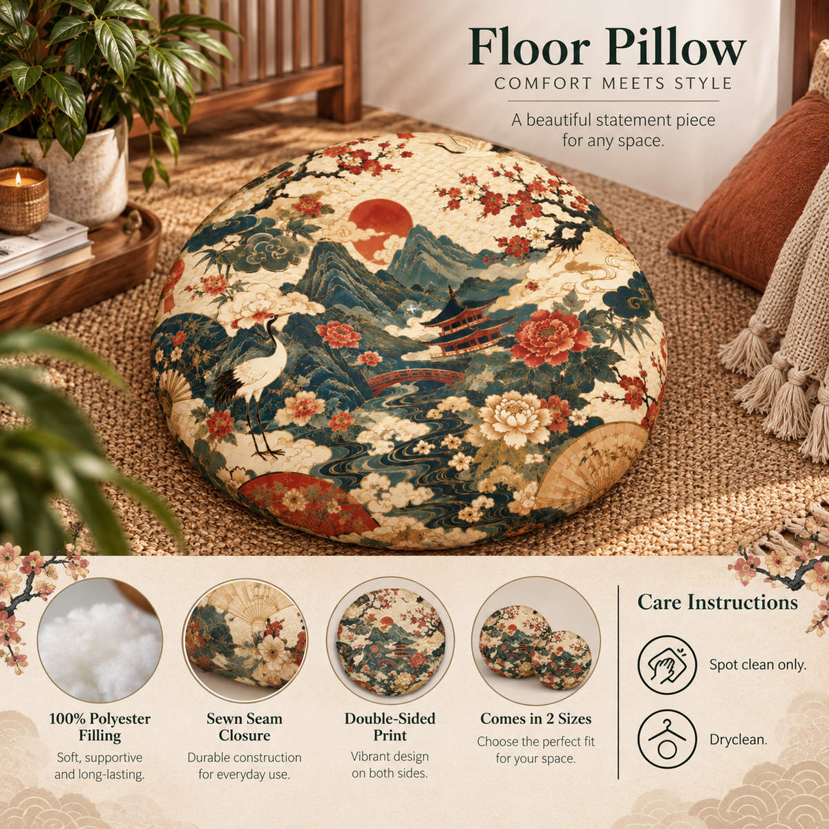 East Asian Landscape Round Tufted Floor Pillow