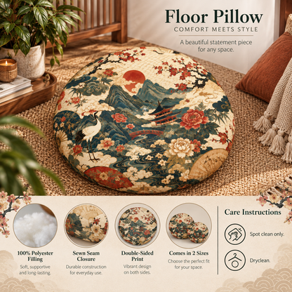 East Asian Landscape Round Tufted Floor Pillow