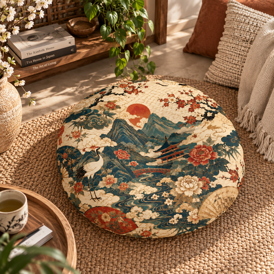 East Asian Landscape Round Tufted Floor Pillow