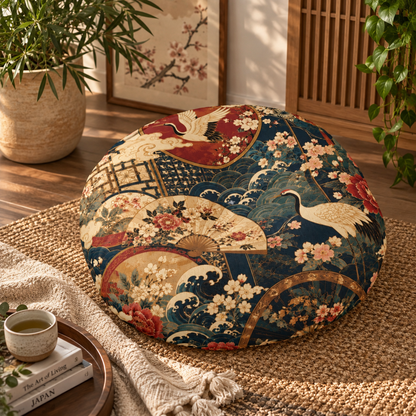 East Asian Floral Crane Round Tufted Floor Pillow