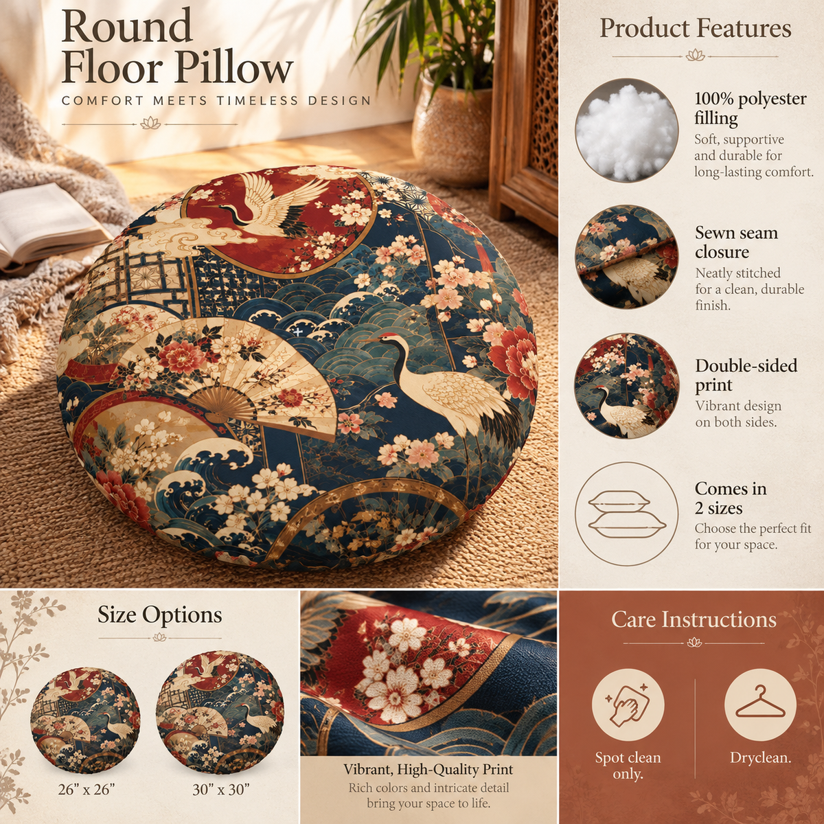 East Asian Floral Crane Round Tufted Floor Pillow