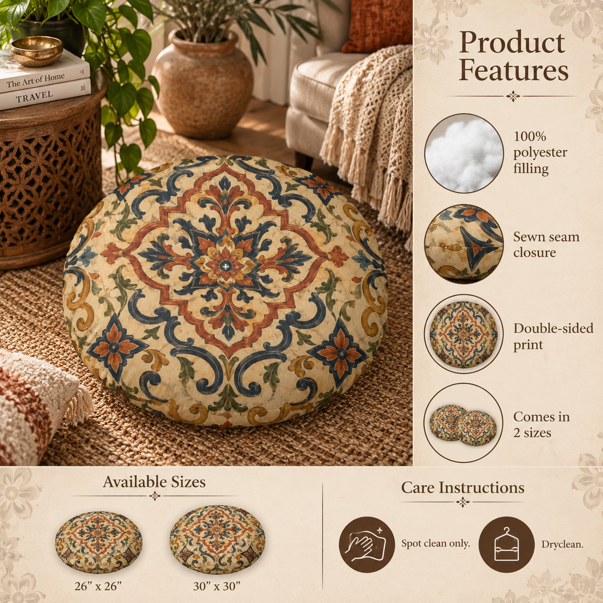 Moroccan Ornate Traditional Round Tufted Floor Pillow