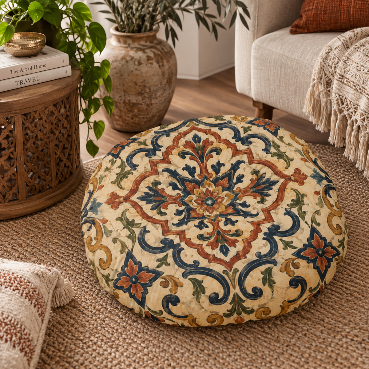 Moroccan Ornate Traditional Round Tufted Floor Pillow