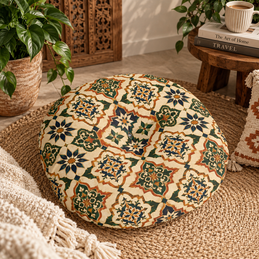 Mediterranean Moroccan Ornate Round Tufted Floor Pillow