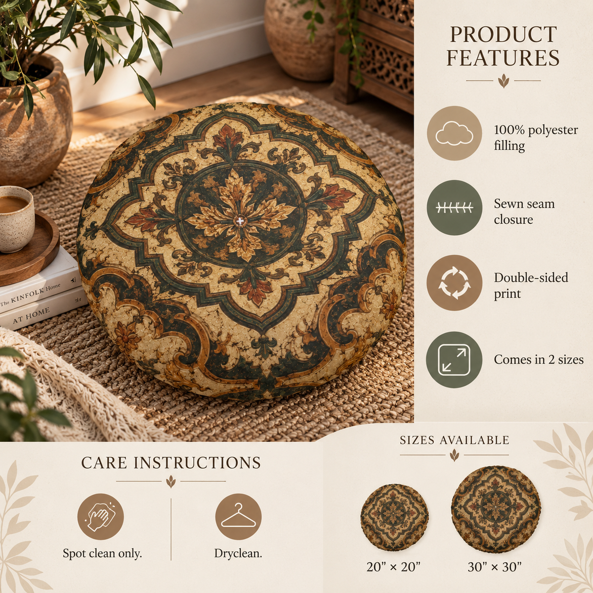 Moroccan Elegant Traditional Round Tufted Floor Pillow