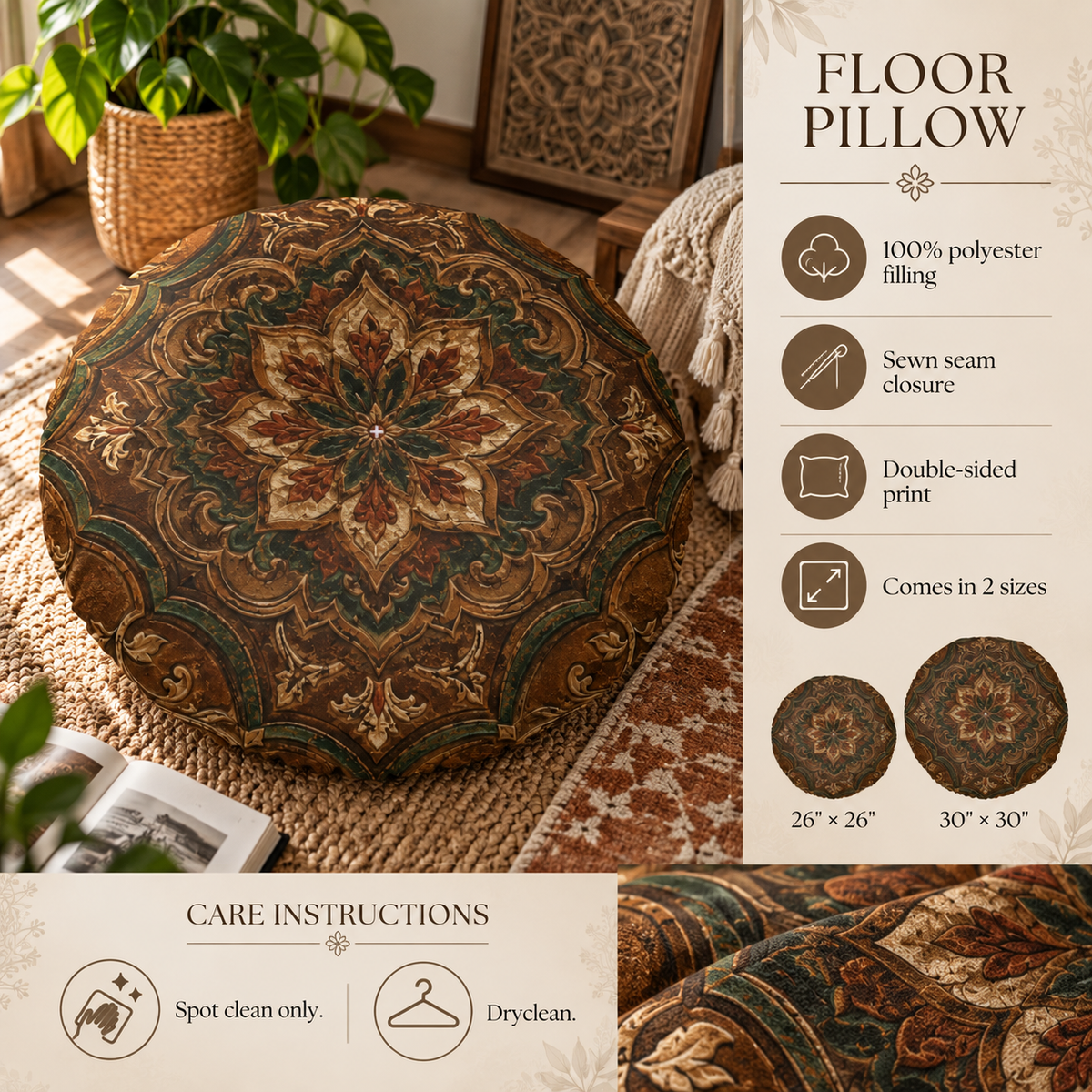 Dark Moroccan Round Tufted Floor Pillow