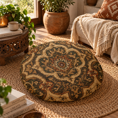 Moroccan Detailed Natural Round Tufted Floor Pillow