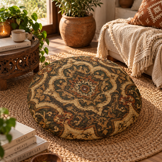 Moroccan Detailed Natural Round Tufted Floor Pillow