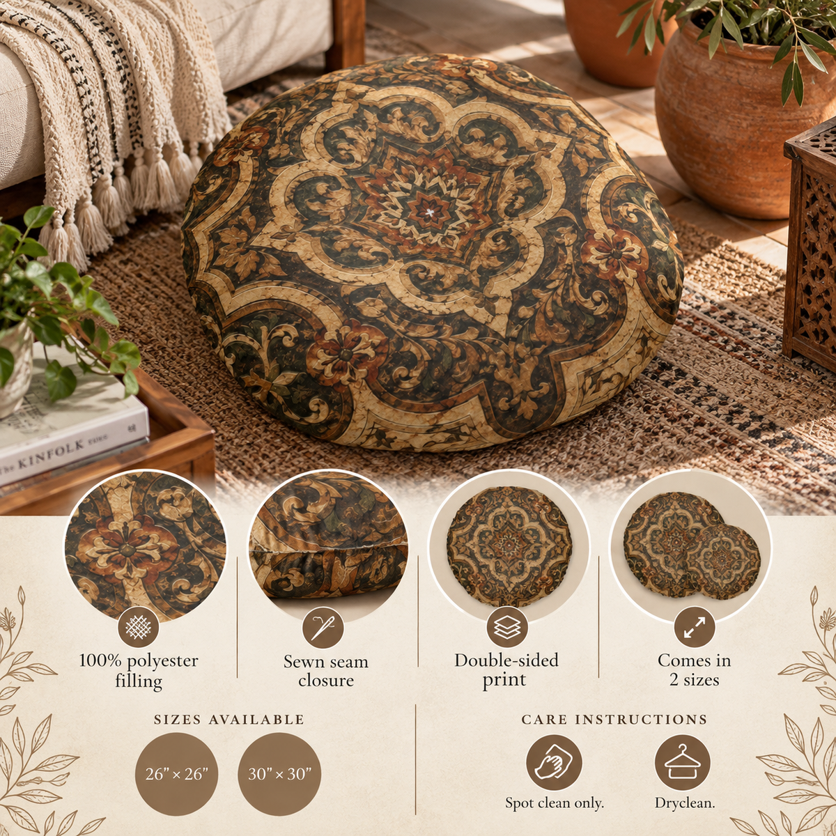 Moroccan Detailed Natural Round Tufted Floor Pillow