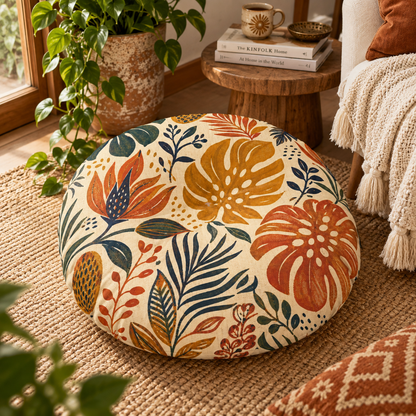 Tribal Botanical African Palm Round Tufted Floor Pillow