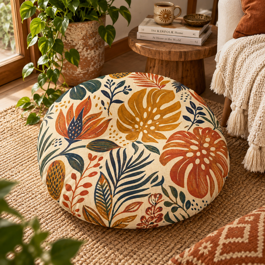 Tribal Botanical African Palm Round Tufted Floor Pillow