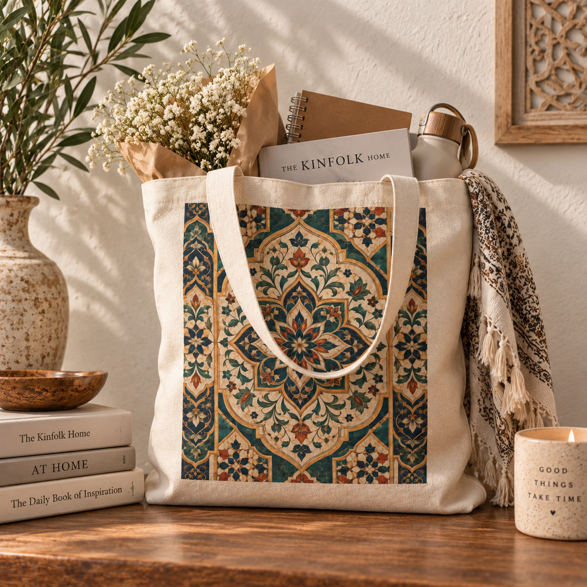 100% Cotton Moroccan Chevron Oriental Canvas Tote Bag