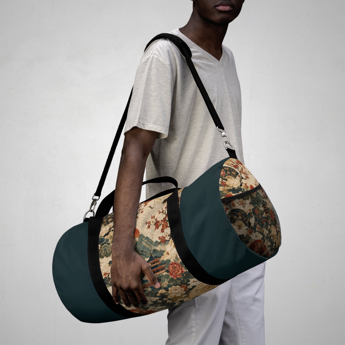 East Asian Vintage Landscape Navy Blue Duffel Gym Bag