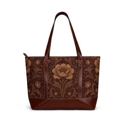 William Morris Floral Damask Rose Leather Trim Shoulder Tote Bag