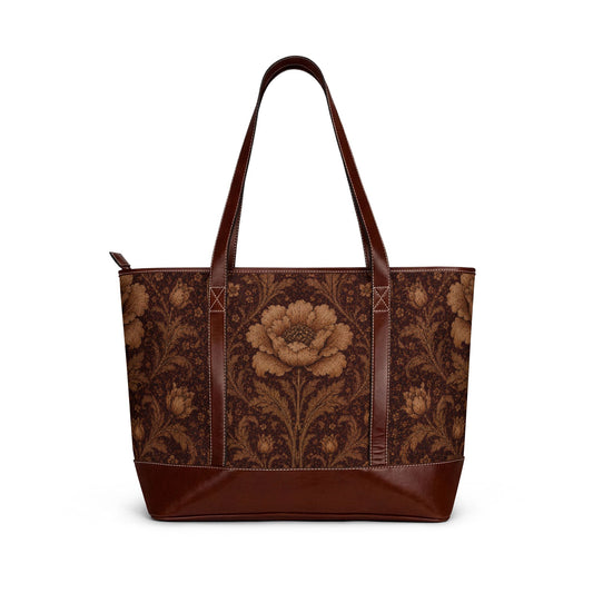 William Morris Floral Damask Rose Leather Trim Shoulder Tote Bag