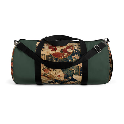 East Asian Floral Crane Sage Green Duffel Gym Bag