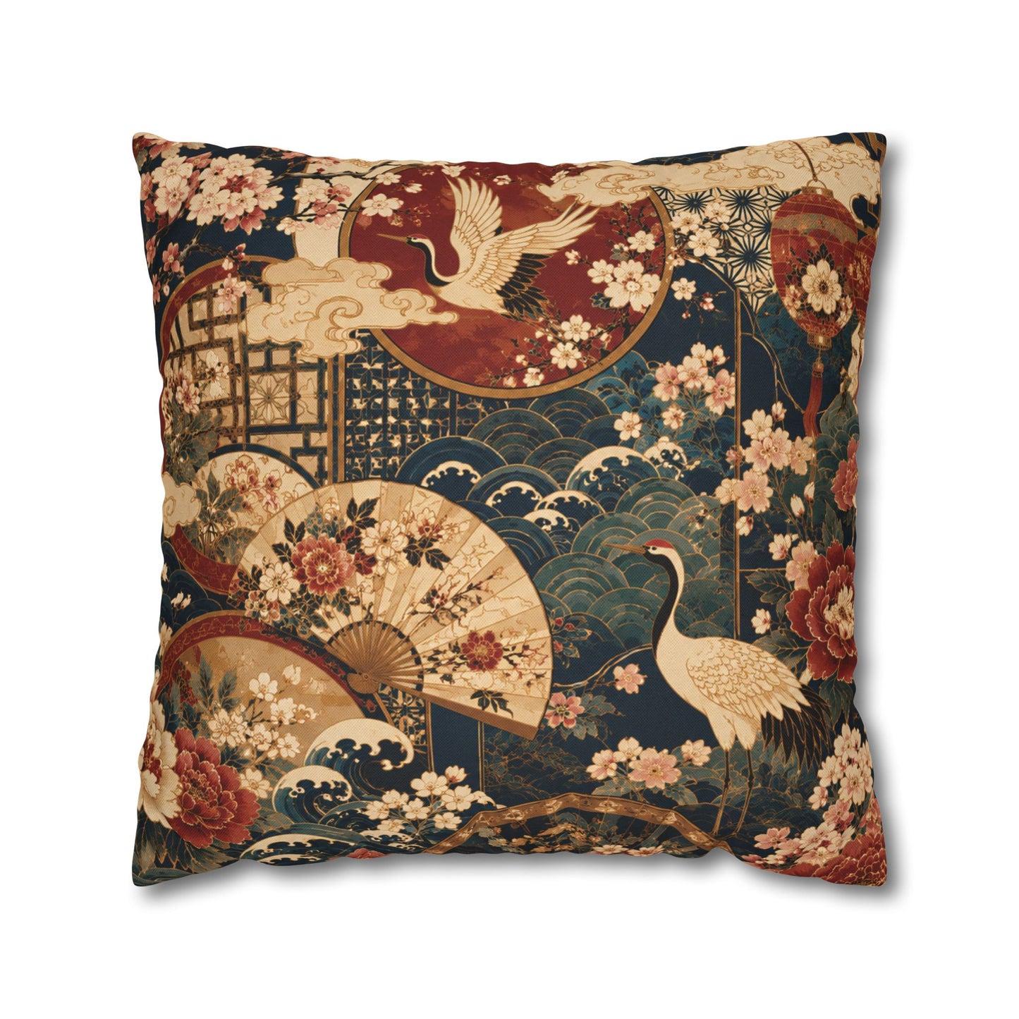 East Asian Floral Crane Pillow Case