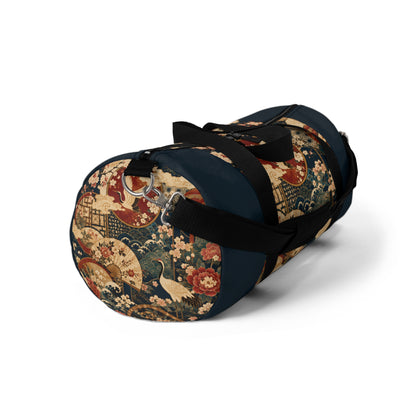 East Asian Floral Crane Navy Blue Duffel Gym Bag