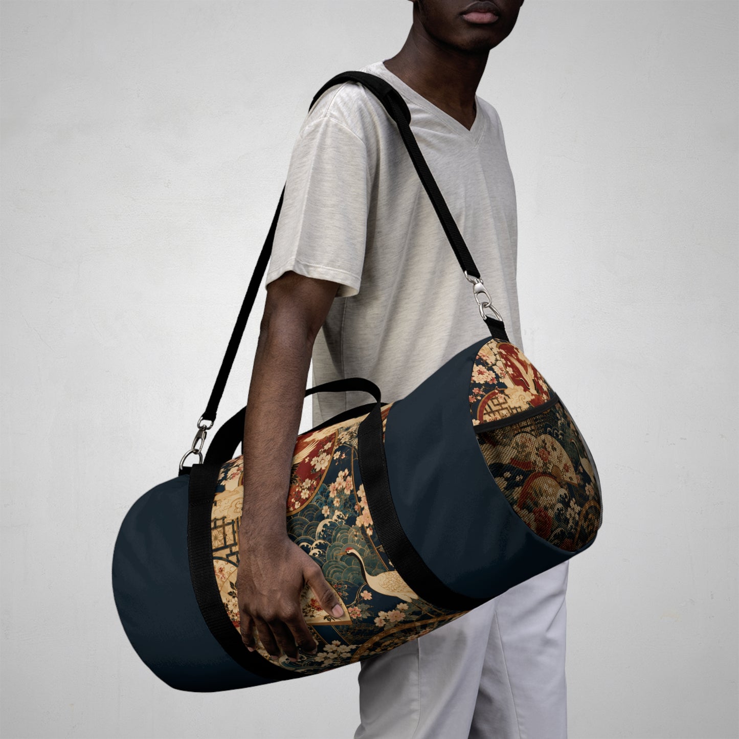 East Asian Floral Crane Navy Blue Duffel Gym Bag