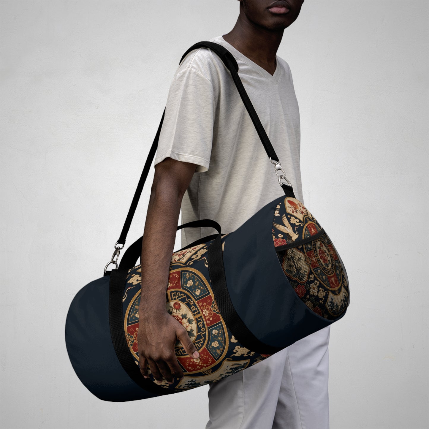 East Asian Oriental Medallion Navy Blue Duffel Gym Bag